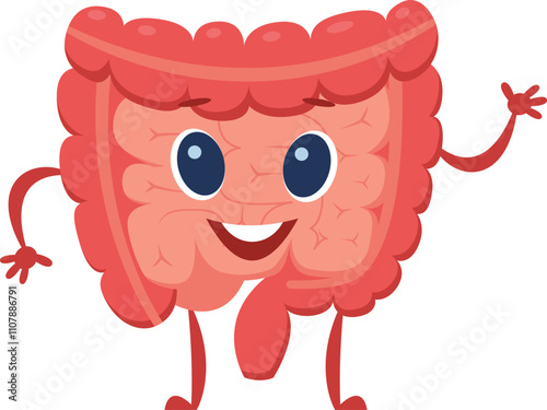 Cute cartoon intestine character happily promotes digestive health and gut well being, emphasizing the importance of a healthy lifestyle and balanced diet