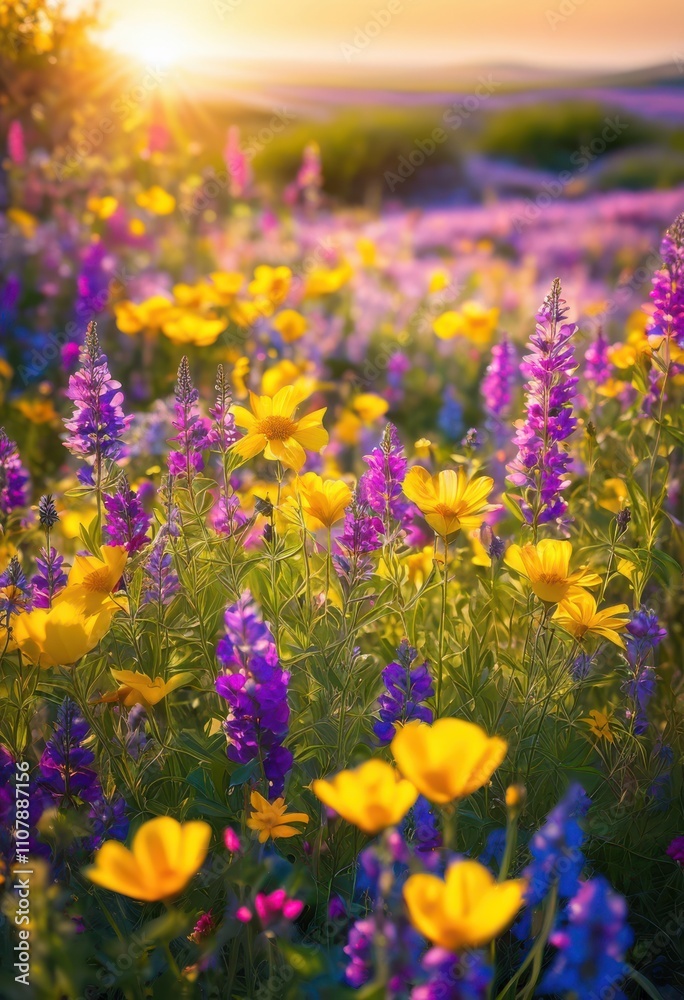 Fototapeta premium lush vibrant wildflower fields flourishing under clear expansive blue sky capturing colorful beauty, wildflowers, skies, nature, landscapes, blooms