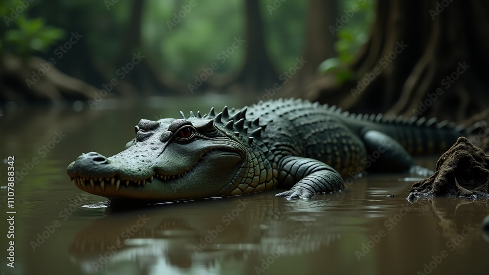 Obraz premium An alligator basking by the water’s edge in a swampy environment. Its powerful, armored body contrasts with the peaceful, murky waters, showcasing its dominance in nature.