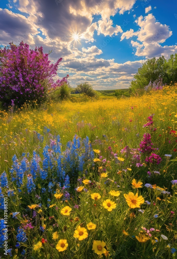 Obraz premium captivating vibrant nature scenes showcasing environmental changes flora fauna across diverse landscapes, greenery, trees, flowers, colors, sky, sunlight