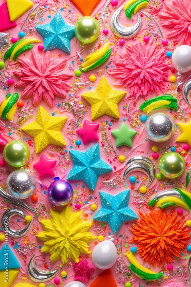 Fototapeta premium Pink Party Background with Colorful Stars and Decorations