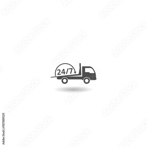 Car towing truck 24 7 icon with shadow