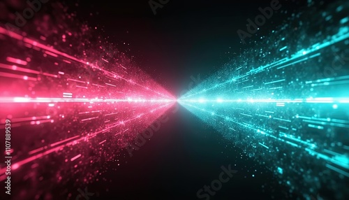 Futuristic light beams and glowing trails in motion creating a tunnel effect with speed lines