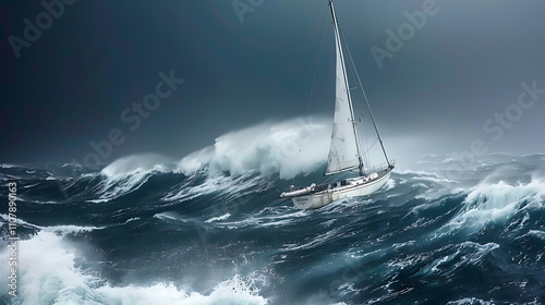 Fototapeta Naklejka Na Ścianę i Meble -  sailboat in the sea during storm. high resolution image. created with Generative AI technology