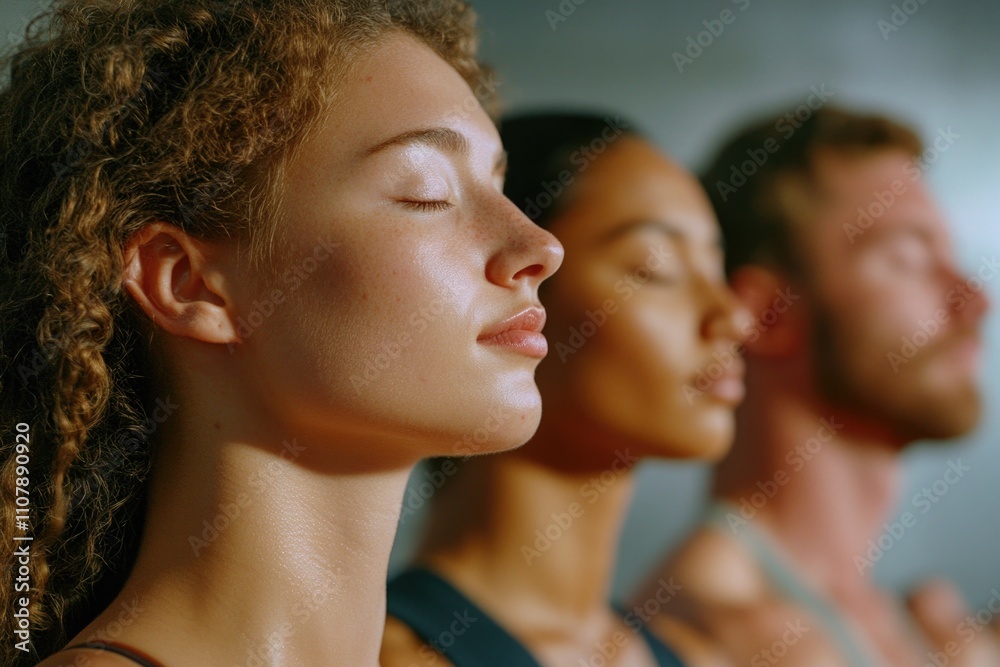 Obraz premium A group of people meditating together, eyes closed, in a peaceful setting