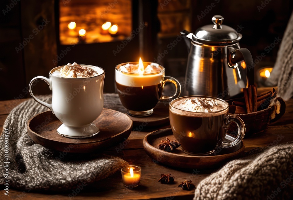 Fototapeta premium diverse selection warm beverages inviting cozy interior settings soft lighting textiles, coffee, tea, cocoa, mug, cup, steam, cream, sugar, cinnamon