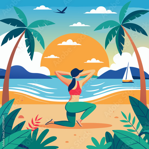 Serene Beach Yoga Wellness Background Vector Illustration