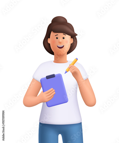 Young woman Jane holding blank or clipboard and pencil. Education, knowledge, study concept. 3d vector people character illustration. Cartoon minimal style.