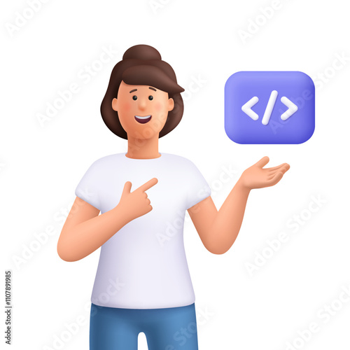 Young smiling woman Jane pointing to programming code symbol. Girl programmer. Web development, programming language and coding concept. 3d vector people character. Cartoon minimal style.