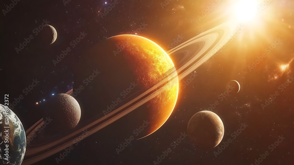 Obraz premium Exploration of the solar system showcasing planets and the sun in a cosmic setting