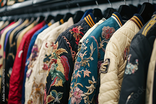 A rack of high-end streetwear jackets, focusing on intricate embroidery and premium materials. photo