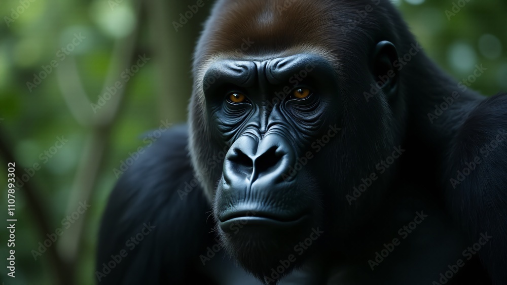 Obraz premium A close-up of a gorilla’s face, with piercing eyes and strong jawline. The muscular body fades into the background, highlighting its powerful presence and soulful expression.