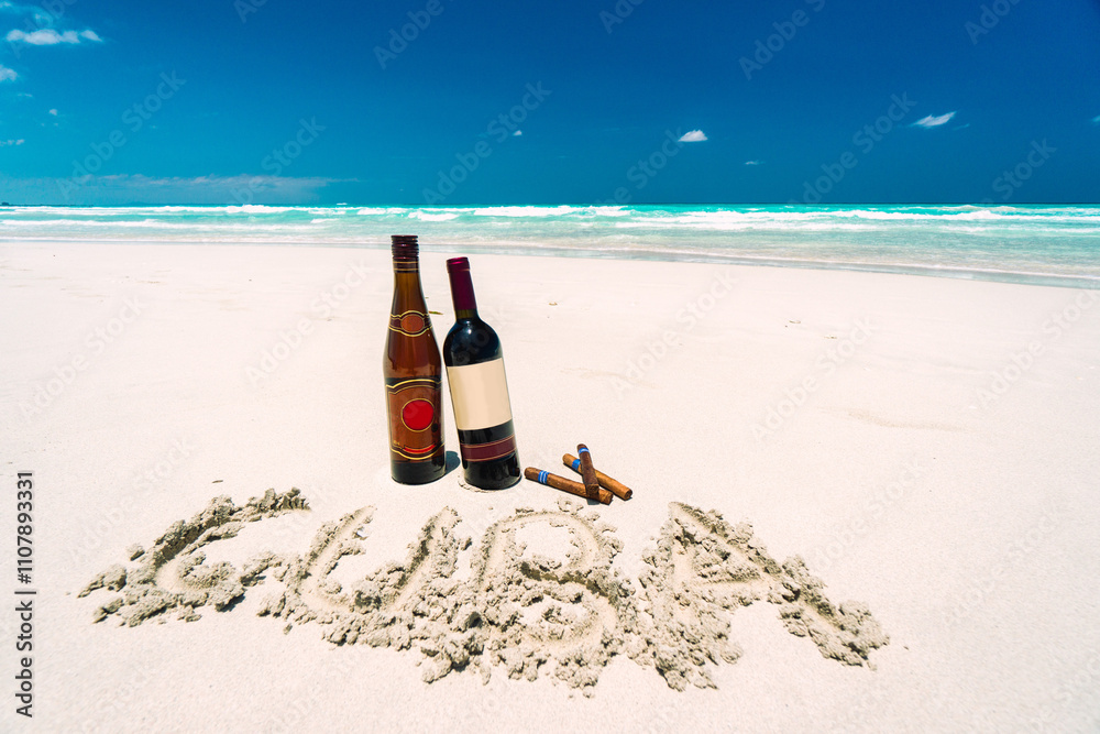 bottles of wine and rum on the ocean shore, cigars, cuban cigars, cuban cigar day, alcohol, tropics, cuba bottles of wine and rum on the ocean shore, cigars, cuban cigars, cuban cigar day, alcohol, tropics, cuba