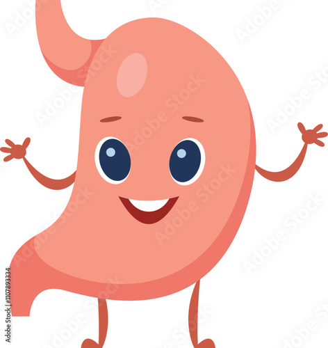 Cartoon stomach character waving, smiling, promoting digestive health and wellness, suitable for educational materials, healthcare campaigns, and children s books