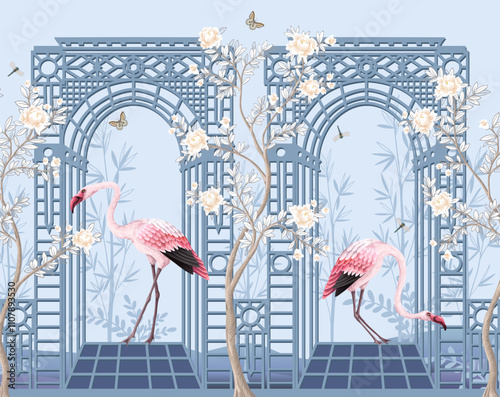 Border with flamingos, peonies and alcove in chinoiserie style. Vector.