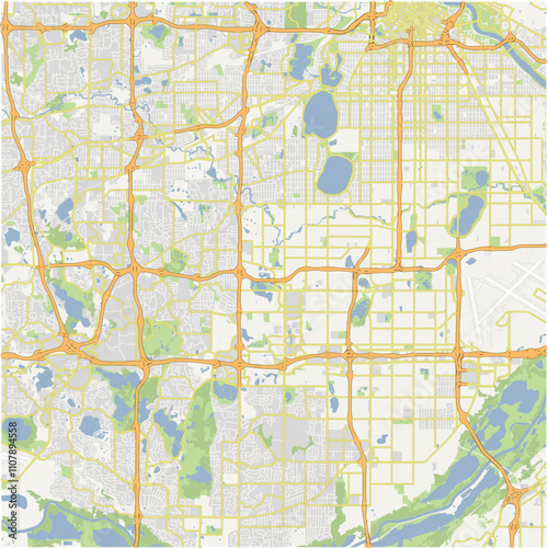 Map of Edina in Minnesota in a normal road map style. Contains layered vector with roads water, parks, etc.