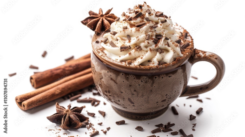 A delicious cup of hot chocolate topped with whipped cream and spices. A delicious cup of hot chocolate topped with whipped cream and spices.