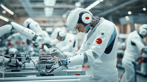 Wallpaper Mural Futuristic robots assembling electronic components in a high-tech manufacturing environment, showcasing advanced robotics and automation technology in an industrial setting. Torontodigital.ca