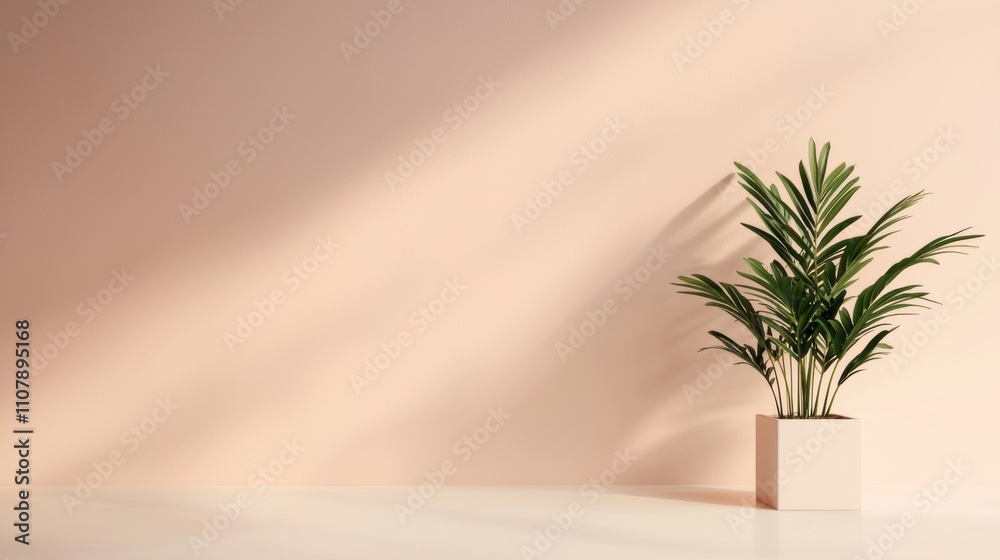 Potted parlour palm creating a serene ambiance on a cream backdrop Potted parlour palm creating a serene ambiance on a cream backdrop