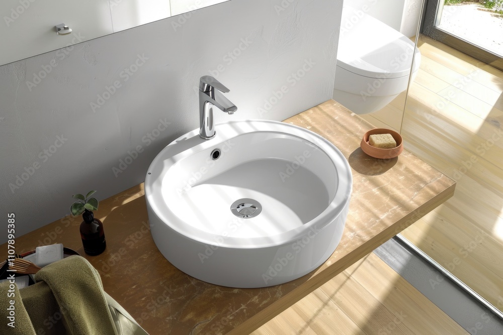 Fototapeta premium A white sink sits atop a wooden countertop, ready for use