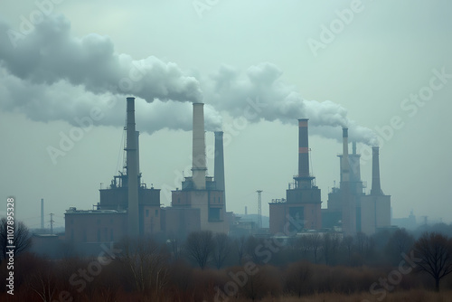 Wallpaper Mural Numerous factory chimneys emitting thick smoke against an overcast sky. In the foreground, brown bushes and leafless trees suggest autumn or winter. Depicts poor ecology. Suitable for Earth Day or Cle Torontodigital.ca