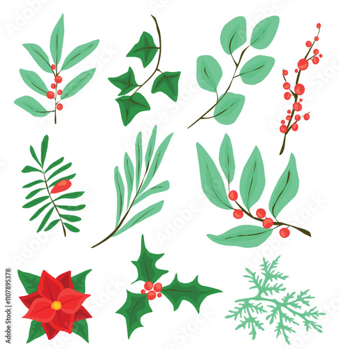 vector flat set of christmas winter plant branches