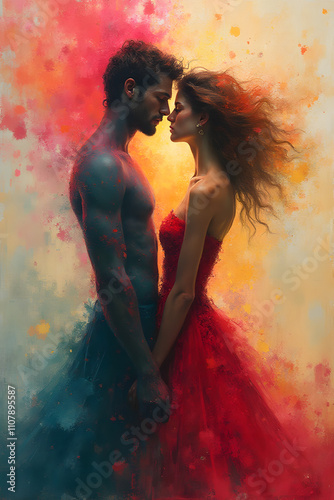 Young man and woman standing with their bodies pressed together, facing each other, almost touching noses, hands intertwined. Woman in red dress. Muscular man with naked torso. Romantic, tender photo 