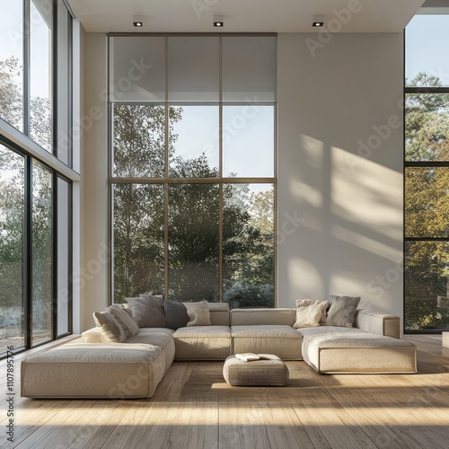 Home interior design of spacious modern living room with a sectional sofa and large windows.