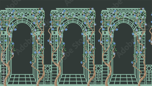 Alcove and trees with flowers in chinoiserie style. Vector.
