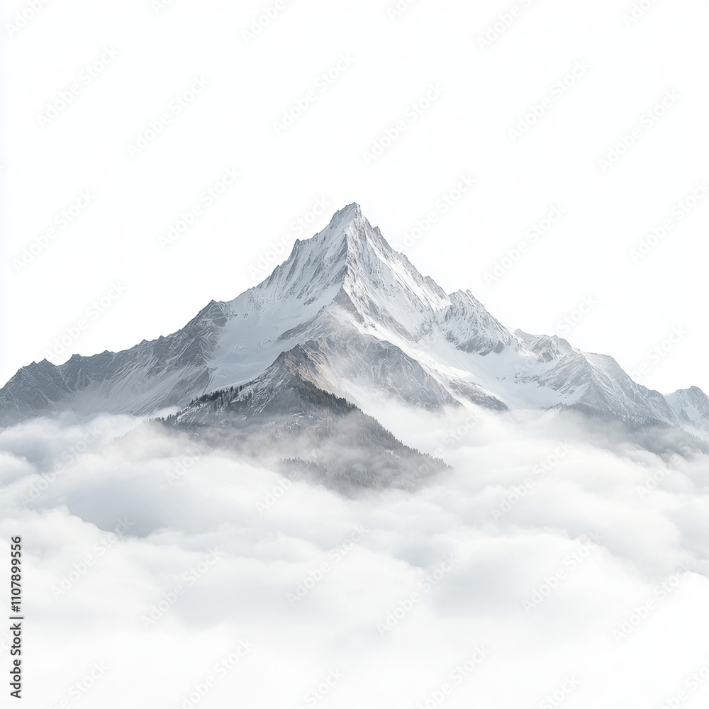 Obraz premium majestic mountain peak rises above sea of clouds, creating serene and tranquil atmosphere. pristine white background enhances beauty of landscape
