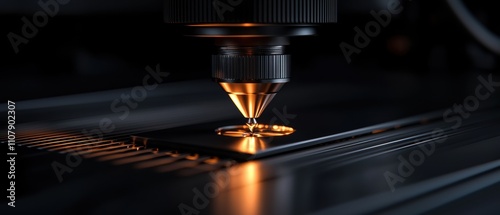 Close-up of a cnc (computer numerical control) machine cutting a piece of metal. the machine is black in color and has a cylindrical shape with a nozzle at the top.