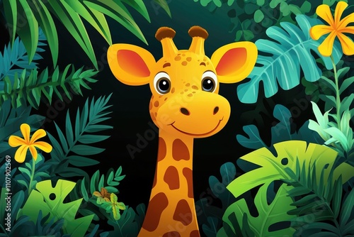 A giraffe stands tall in the middle of a dense jungle, surrounded by lush foliage and exotic plants