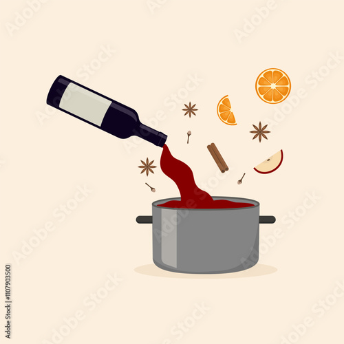 Mulled wine. Preparation winter alcoholic drink with red wine, orange, apple, anise, cinnamon, cloves. Vector illustration in flat style