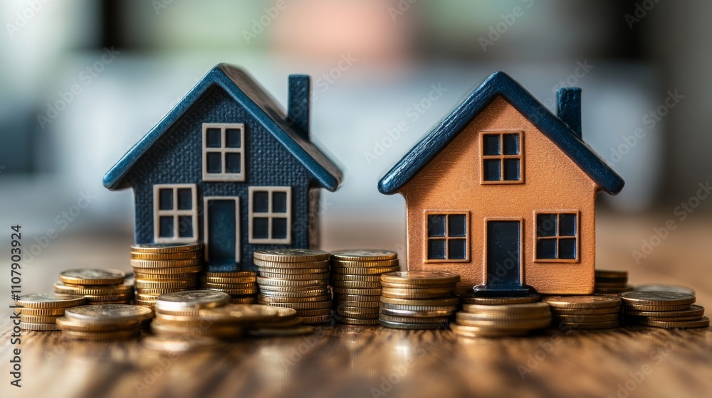 Two Model Houses with Stacked Coins Two Model Houses with Stacked Coins