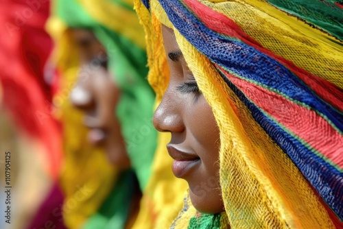 Two women wearing vibrant head scarves, great for cultural or ethnic themed projects photo