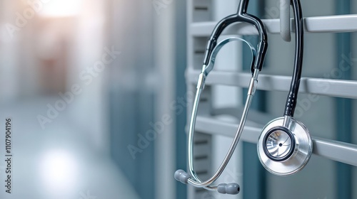 Close-up of a stethoscope hanging in a medical facility. photo