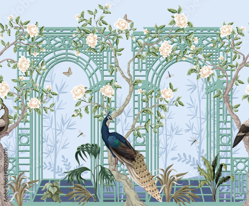 Border with peacocks, peonies and alcove in chinoiserie style. Vector.