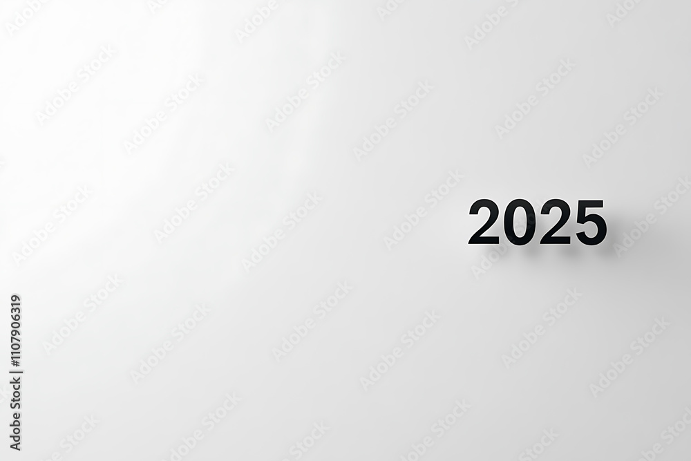 Fototapeta premium A pure minimalist design with a white background, soft gray shadows, and '2025' in thin black font. Perfect for professional and clean projects