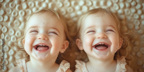 Two young girls relaxing together on a cozy blanket photo