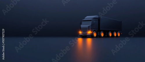 Black semi-truck with orange lights on its wheels. the truck is in the center of the image, with a dark blue background. photo