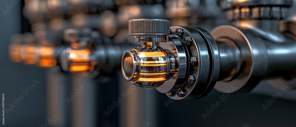 Fototapeta premium Close-up of a metallic pipe with a cylindrical valve in the center. the valve has a black knob on top and is surrounded by a series of orange-colored pipes.