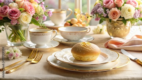 Elegant Table Setting Featuring a Single Bread Roll on Fine China surrounded by golden cutlery and floral arrangements in gentle color tones photo