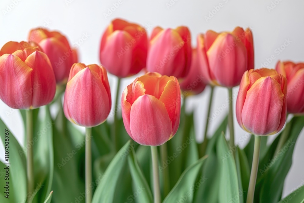 Fototapeta premium A collection of bright pink and orange tulips in a decorative vase, perfect for interior design or floral arrangement inspiration