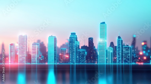 Vibrant city skyline with futuristic neon lights at dusk.