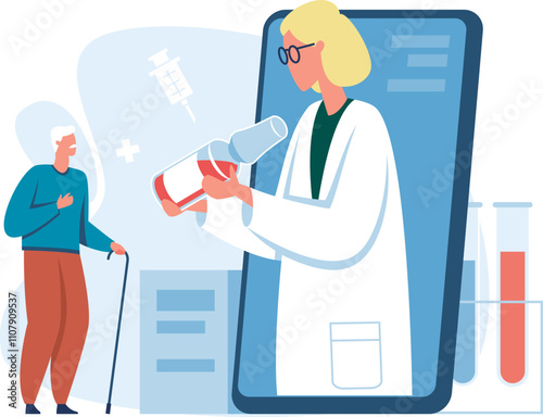 Female doctor coming out of a smartphone screen recommending medicine to elderly man holding a walking cane, symbolizing online medical consultation and healthcare support for senior citizens