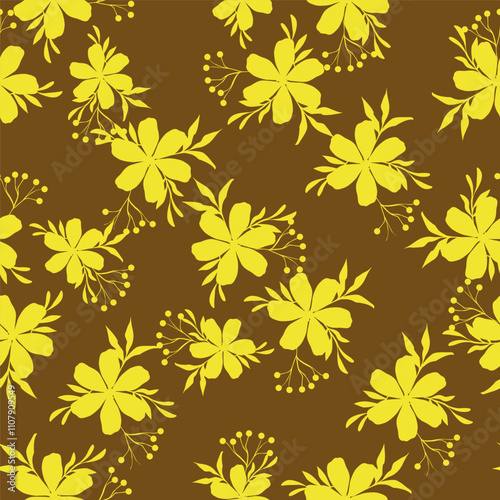 Small colorful flowers and brown flowers, hand drawn. Seamless on a light yellow background. Designed for fabric, fashion, textiles, wallpaper,