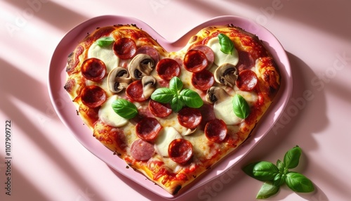 Heart-shaped pizza with fresh toppings on pink plate and copy space