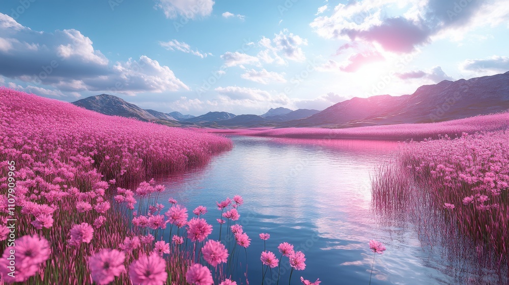Obraz premium pink grassland with lakes 3d rendering