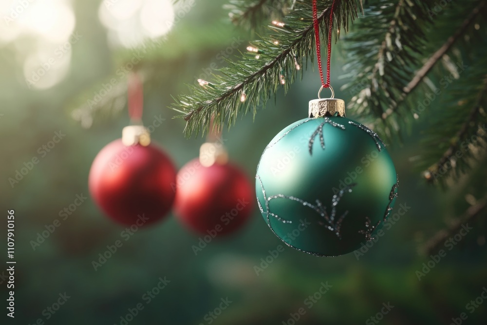 Two Christmas ornaments hanging from a decorated tree branch Two Christmas ornaments hanging from a decorated tree branch