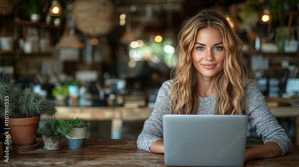 A woman works on a laptop in a cozy, plant-filled caf? setting. A woman works on a laptop in a cozy, plant-filled caf? setting.